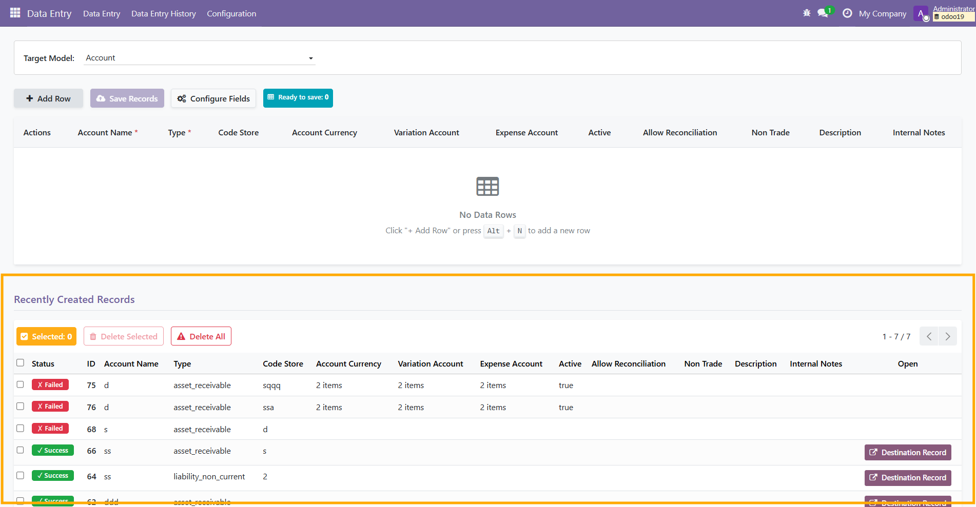 Reporting grid showing created records with status success and failure